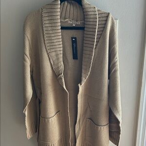 Focus Shawl-Collar Belted Knit Cardigan in Beige